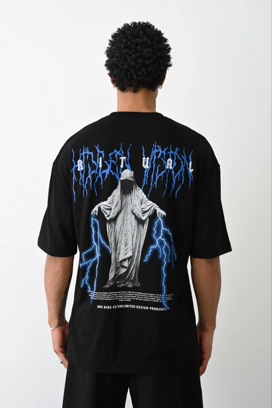 Erkek Baskılı Oversize  Kısa kol T-Shirt - Siyah