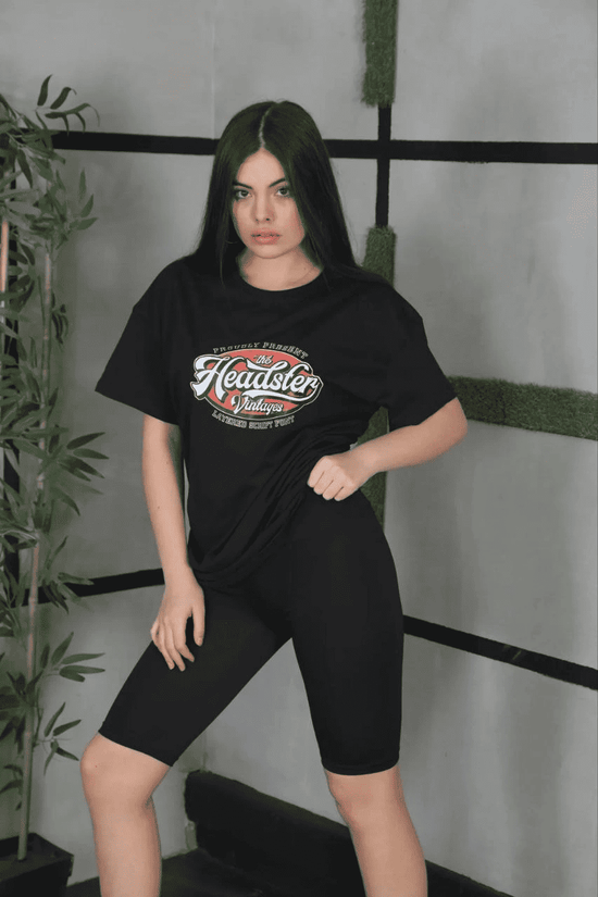 Kadın Kısa Kol Yazlık Tişört Bisiklet Yaka Baskılı Oversize T-Shirt - Siyah