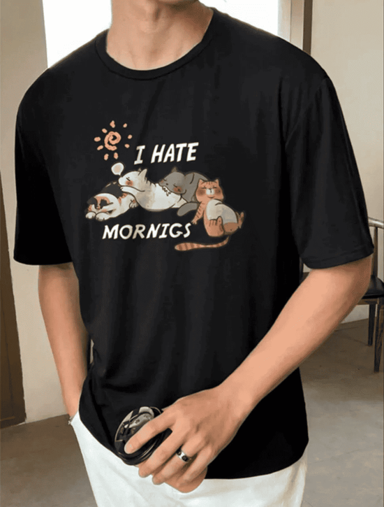 Erkek Baskılı T-Shirt Kısa Kol Bisiklet Yaka Regular Fit Rahat Kalıp Günlük Tişört - Siyah