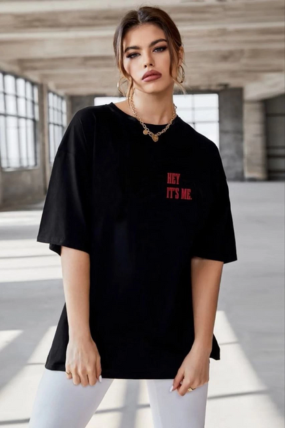 Kadın Baskılı T-Shirt Kısa Kol Bisiklet Yaka Oversize Rahat Kalıp Tişört - Siyah