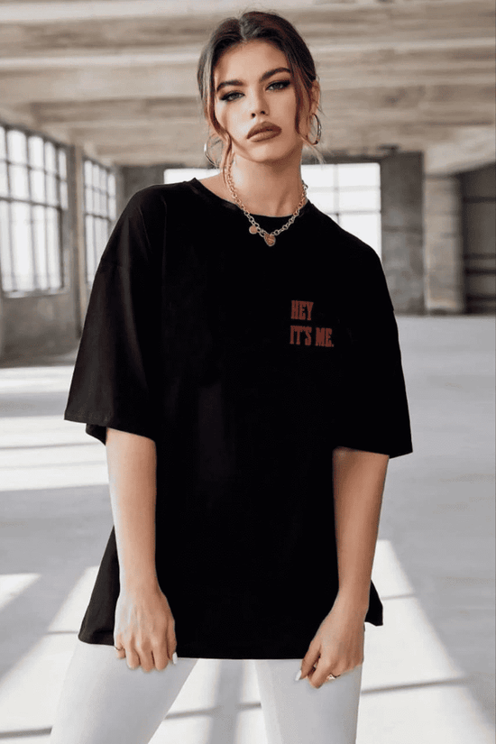 Kadın Baskılı T-Shirt Kısa Kol Bisiklet Yaka Oversize Rahat Kalıp Tişört - Siyah