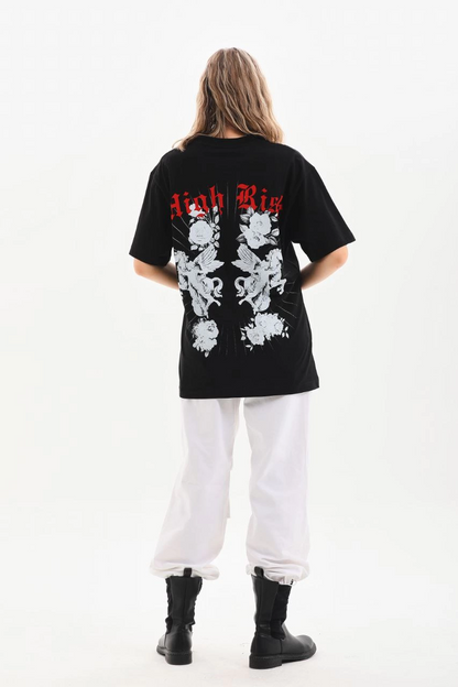 Kadın Kısa Kol Yazlık Tişört Bisiklet Yaka Baskılı Oversize T-Shirt - Siyah