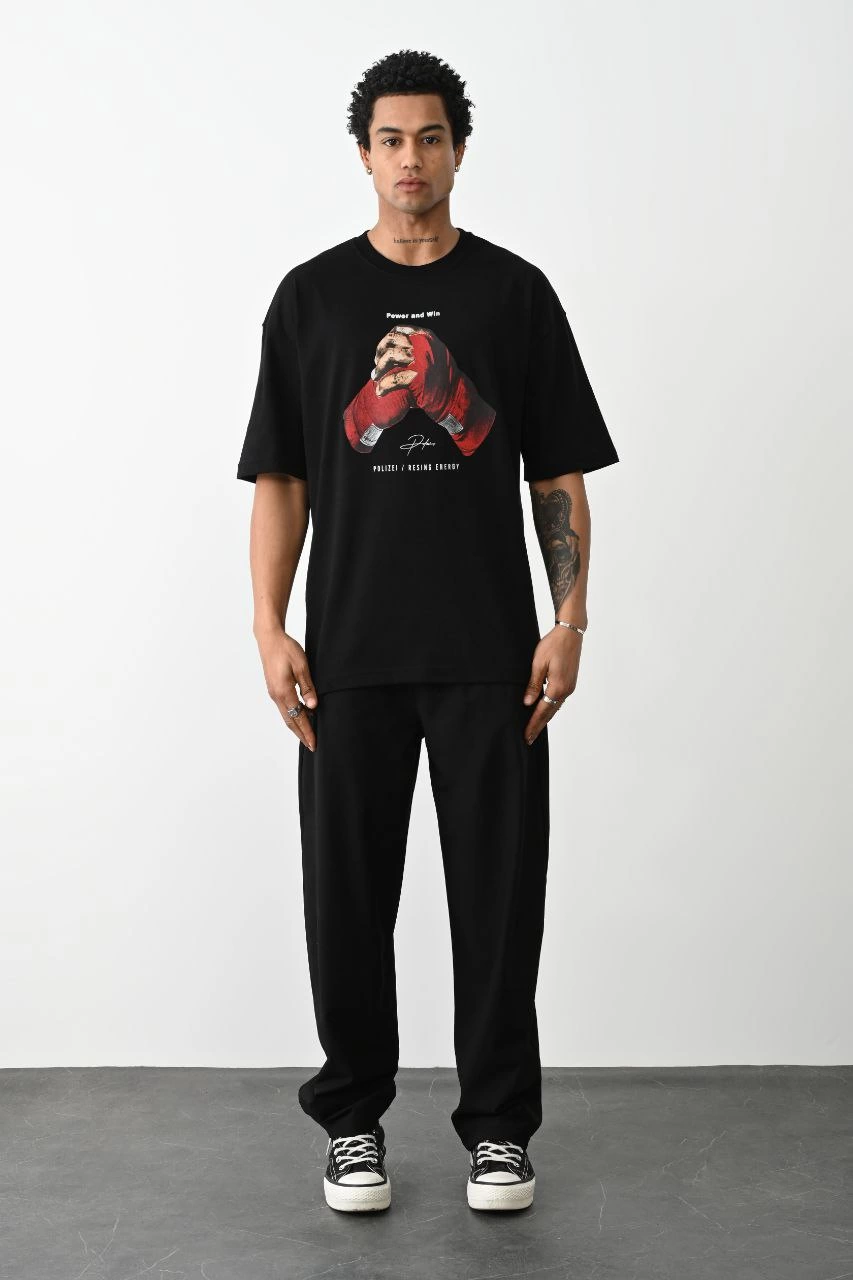 Erkek Boxy Eldiven Baskılı T-Shirt Kısa Kol Bisiklet Yaka Tişört - Siyah