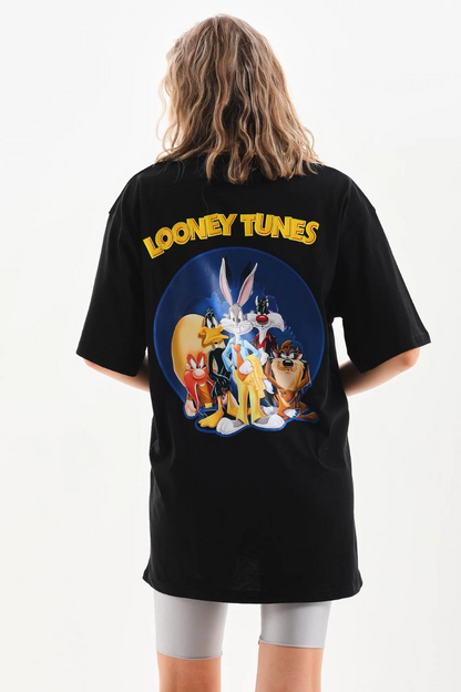 Kadın Kısa Kol Yazlık Tişört Bisiklet Yaka Baskılı Oversize T-Shirt - Siyah
