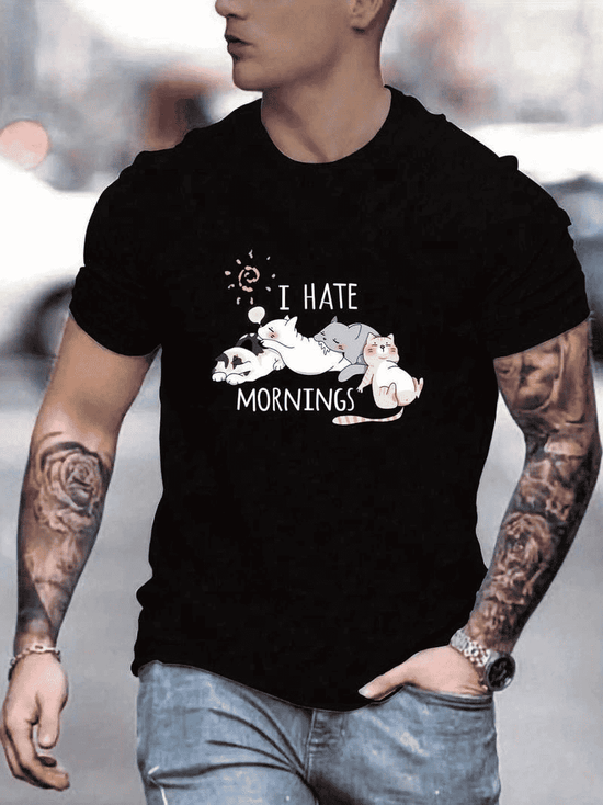 Erkek Baskılı T-Shirt Kısa Kol Bisiklet Yaka Regular Fit Rahat Kalıp Günlük Tişört - Siyah