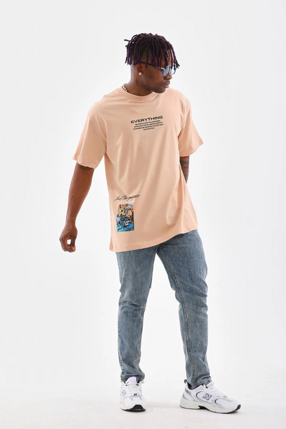 Erkek  Bisiklet Yaka Baskılı Oversize T-Shirt - Bej