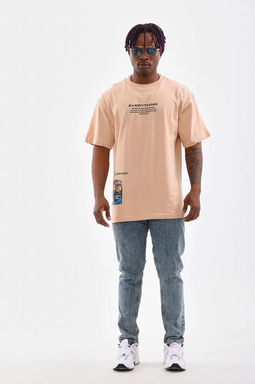 Erkek  Bisiklet Yaka Baskılı Oversize T-Shirt - Bej