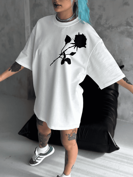 kadın Bisiklet Yaka Baskılı Oversize  Kısa kol T-Shirt - Beyaz