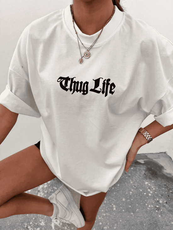 Kadın Bisiklet Yaka Baskılı Oversize  Kısa kol T-Shirt - Beyaz