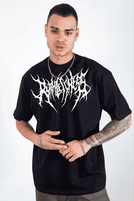 Erkek Kısa Kol Yazlık Tişört Bisiklet Yaka Baskılı Oversize T-Shirt - Siyah