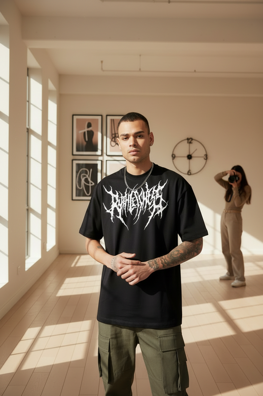 Erkek Kısa Kol Yazlık Tişört Bisiklet Yaka Baskılı Oversize T-Shirt - Siyah