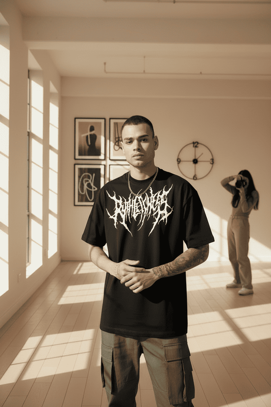 Erkek Kısa Kol Yazlık Tişört Bisiklet Yaka Baskılı Oversize T-Shirt - Siyah