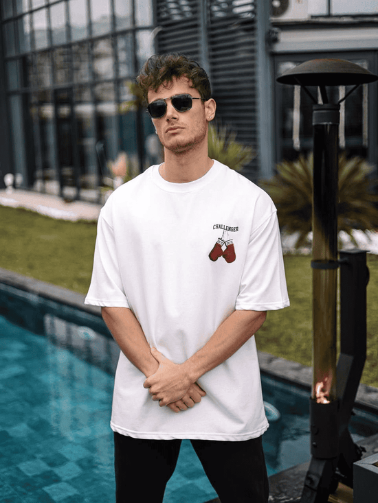Erkek Kısa Kol Tişört Bisiklet Yaka Boxy Eldiven Baskılı T-Shirt - Beyaz