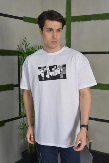 Erkek Kısa Kol Yazlık Tişört Bisiklet Yaka Baskılı Oversize T-Shirt - Beyaz
