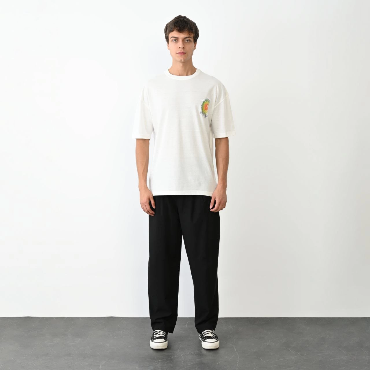 Erkek Kısa Kol Yazlık Tişört Bisiklet Yaka Baskılı Oversize T-Shirt - Beyaz