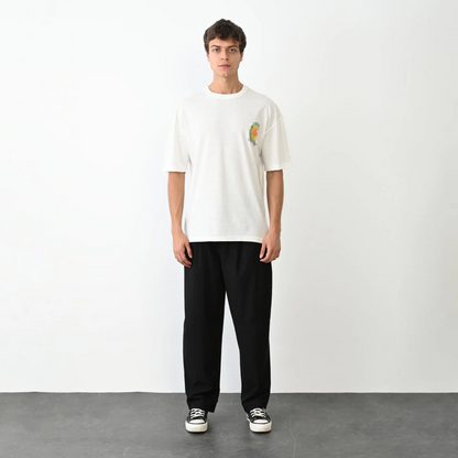 Erkek Kısa Kol Yazlık Tişört Bisiklet Yaka Baskılı Oversize T-Shirt - Beyaz