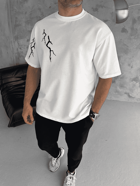 Erkek Kısa Kol Tişört Bisiklet Yaka Yıldırım Baskılı Oversize T-Shirt - Beyaz