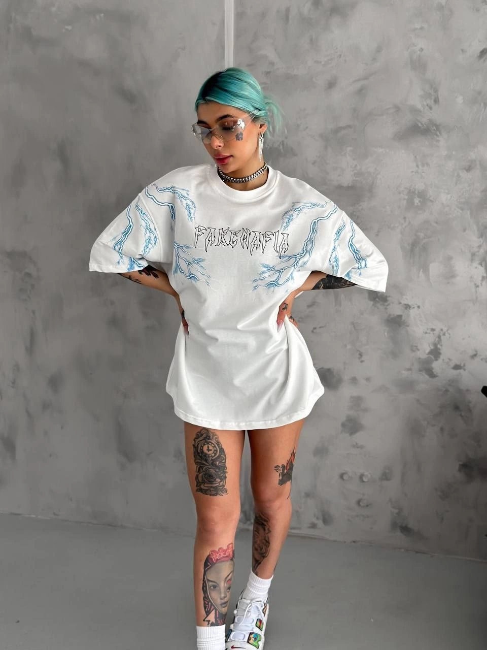 Kadın Tişort Bisiklet Yaka Yıldırım Şimşek Baskılı Kısa kol T-Shirt - Beyaz