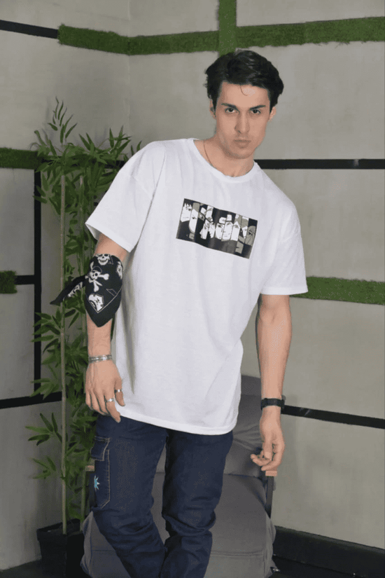 Erkek Kısa Kol Yazlık Tişört Bisiklet Yaka Baskılı Oversize T-Shirt - Beyaz