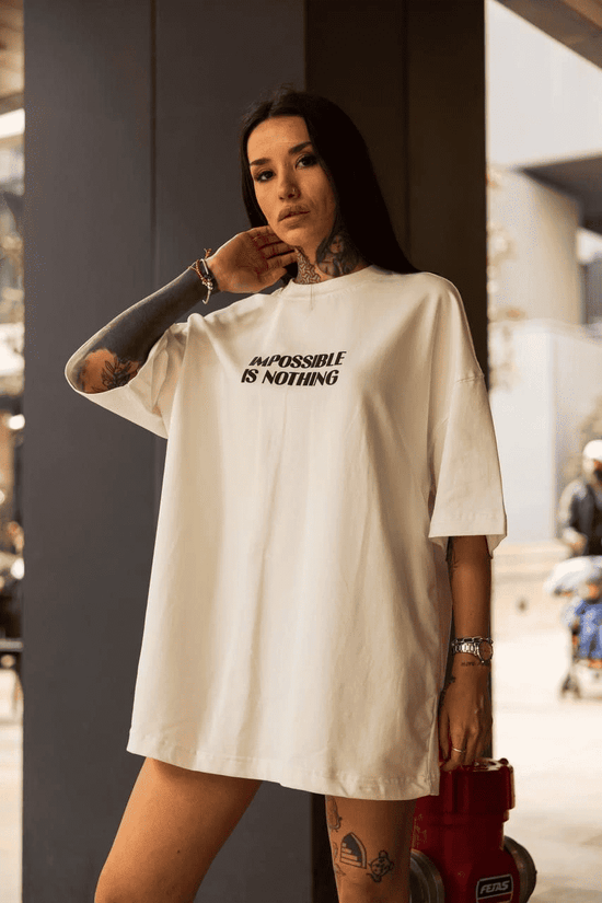 Kadın Bisiklet Yaka Baskılı Oversize  Kısa kol T-Shirt - Beyaz