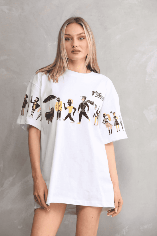 kadın Bisiklet Yaka Baskılı Oversize T-Shirt - Beyaz
