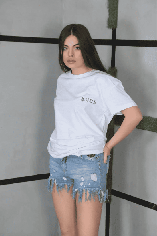 Kadın Bisiklet Yaka Baskılı Kısa kol Oversize T-Shirt- Beyaz