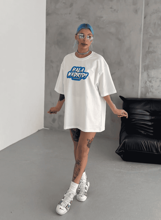 Kadın Kısa Kol Yazlık Tişört Bisiklet Yaka Baskılı Oversize T-Shirt - Beyaz