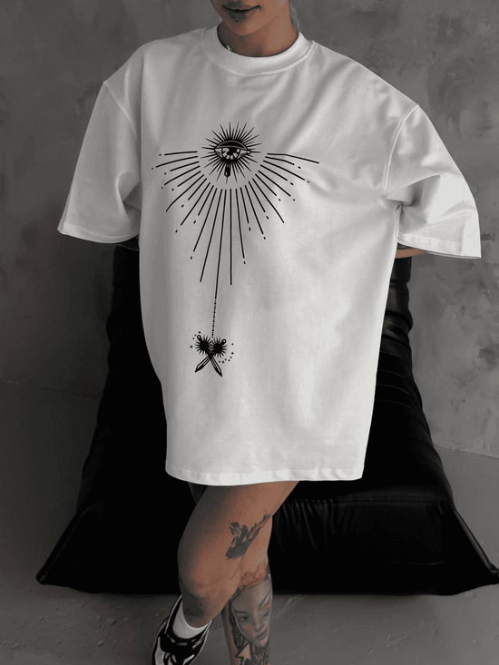 kadın Bisiklet Yaka Baskılı Oversize  Kısa kol T-Shirt - Beyaz