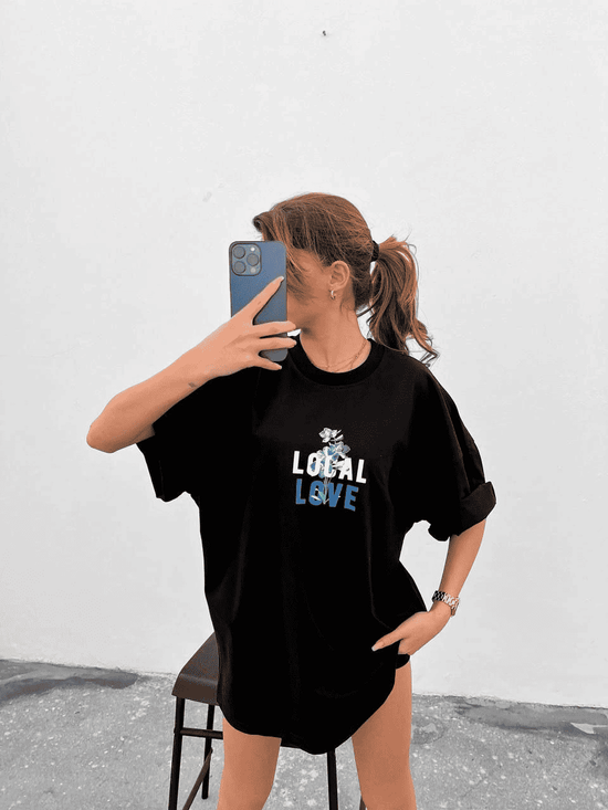Kadın Tişort Bisiklet Yaka Baskılı Kısa kol Oversize T-Shirt - Siyah