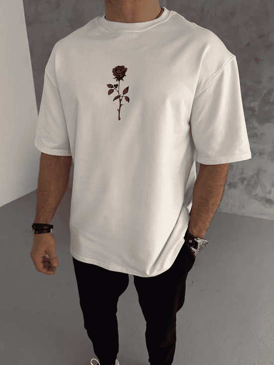 Erkek Kısa Kol Tişört Bisiklet Yaka GÜL Baskılı Oversize T-Shirt - Beyaz