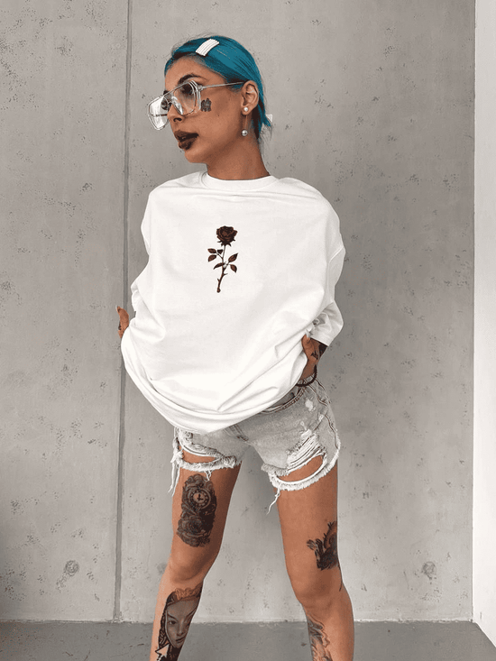kadın Bisiklet Yaka Baskılı Oversize Kısa kol  T-Shirt - Beyaz