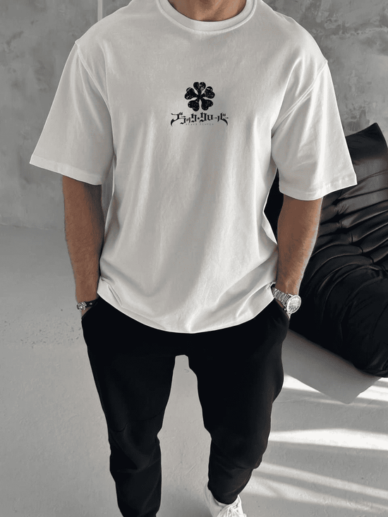Erkek Kısa Kol Tişört Bisiklet Yaka YONCA Baskılı Oversize T-Shirt -  Beyaz
