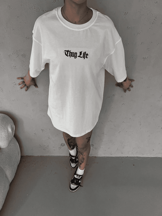 Kadın Kısa Kol Yazlık Tişört Bisiklet Yaka Baskılı Oversize T-Shirt - Beyaz