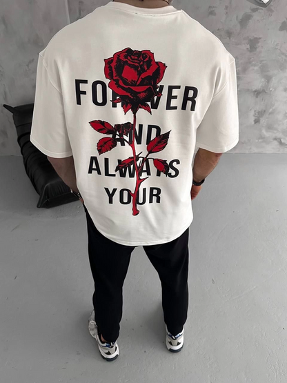 Erkek Kısa Kol Tişört Bisiklet Yaka GÜL Baskılı Oversize T-Shirt - Beyaz