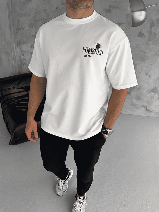 Erkek Kısa Kol Yazlık Tişört Bisiklet Yaka Baskılı Oversize T-Shirt - Beyaz