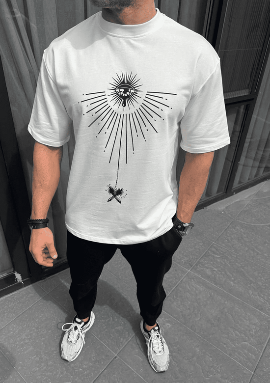 Erkek Kısa Kol Tişört Bisiklet Yaka GÜL Baskılı Oversize T-Shirt - Beyaz