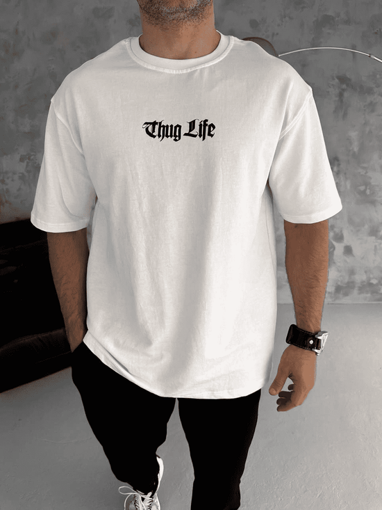 Erkek Kısa Kol Yazlık Tişört Bisiklet Yaka Baskılı Oversize T-Shirt - Beyaz