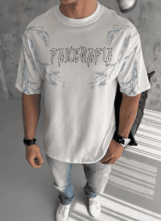 Erkek Bisiklet Yaka Yıldırım Baskılı  Kısa kol T-Shirt - Beyaz