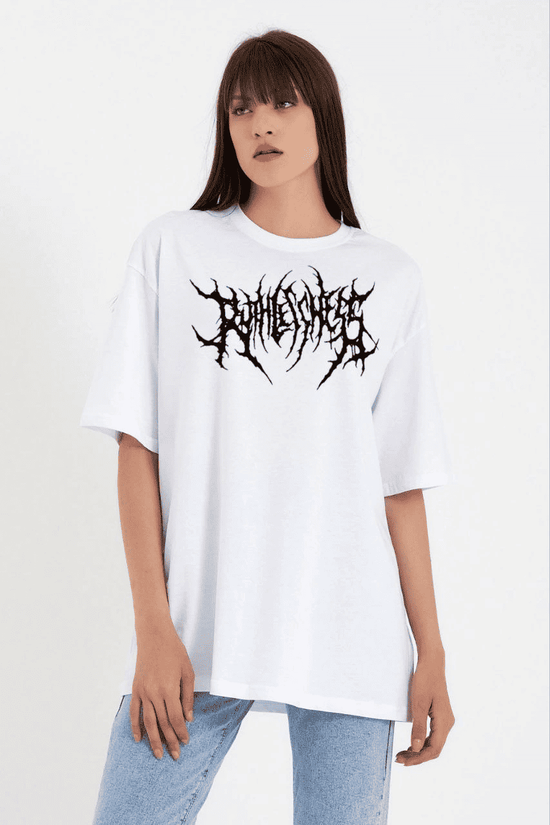 Kadın Baskılı T-Shirt Kısa Kol Bisiklet Yaka Oversize Rahat Kalıp Günlük Tişört   - Beyaz