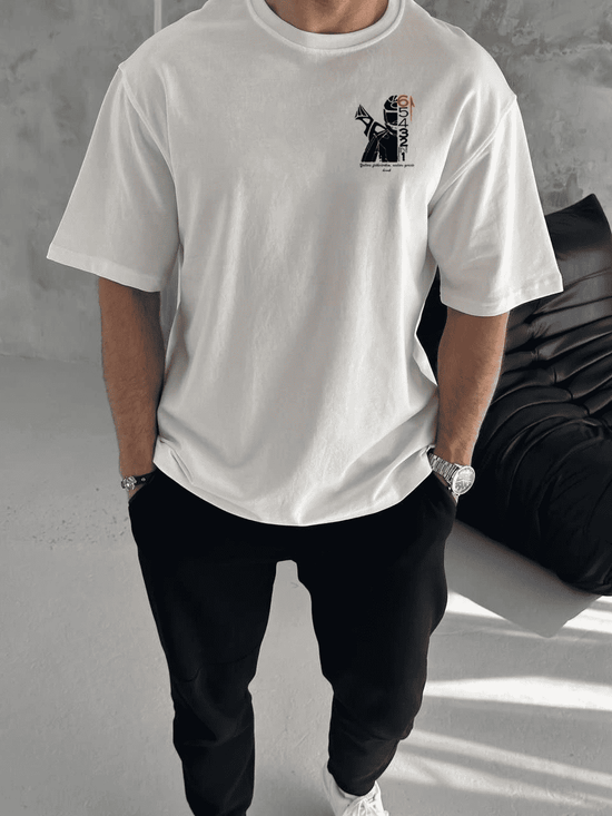 Erkek Kısa Kol Yazlık Tişört Bisiklet Yaka Baskılı Oversize T-Shirt - Beyaz