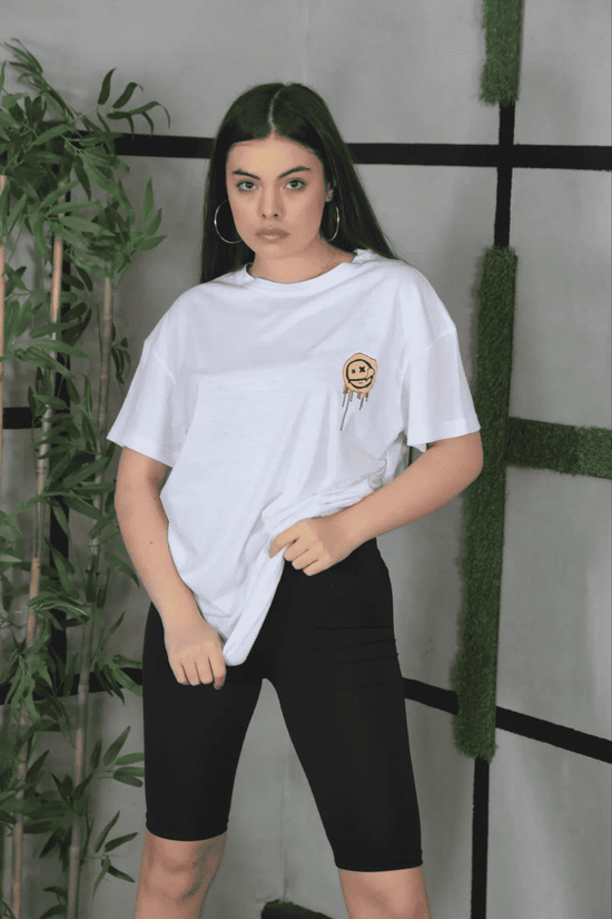 Kadın Bisiklet Yaka Baskılı Kısa kol Oversize T-Shirt - Beyaz