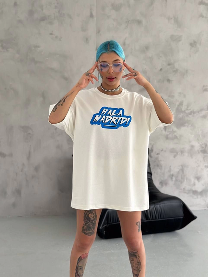 Kadın Kısa Kol Yazlık Tişört Bisiklet Yaka Baskılı Oversize T-Shirt - Beyaz