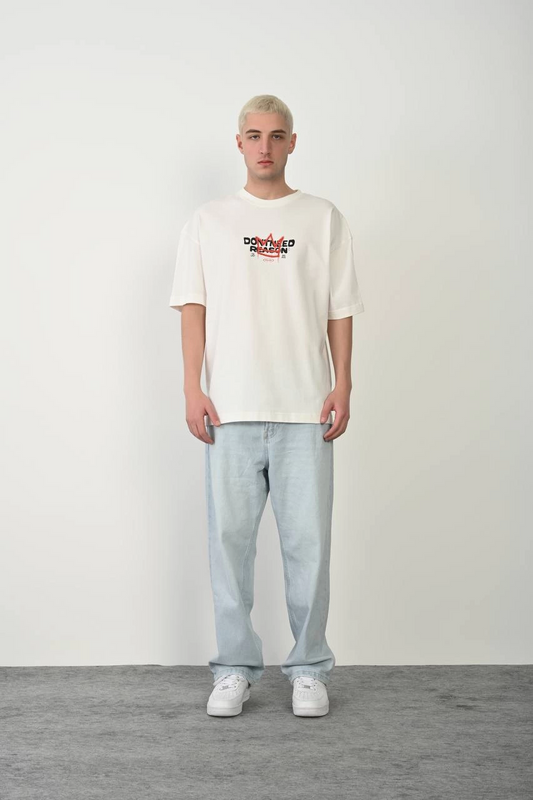 Erkek Kısa Kol Yazlık Tişört Bisiklet Yaka Baskılı Oversize T-Shirt - Beyaz