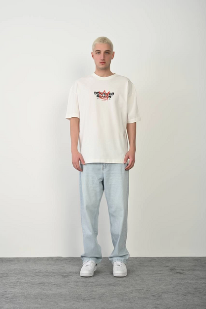 Erkek Kısa Kol Yazlık Tişört Bisiklet Yaka Baskılı Oversize T-Shirt - Beyaz