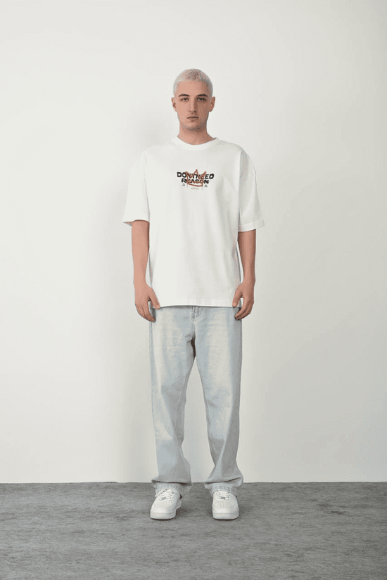 Erkek Kısa Kol Yazlık Tişört Bisiklet Yaka Baskılı Oversize T-Shirt - Beyaz