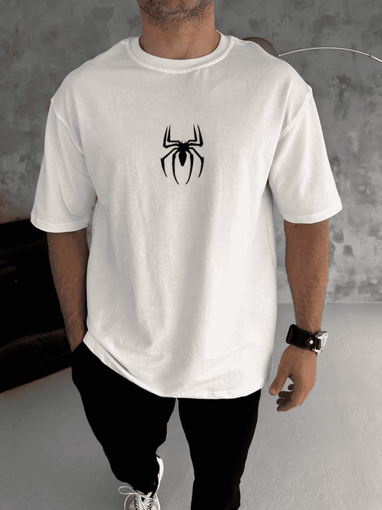 Erkek Kısa Kol Tişört Bisiklet Yaka ÖRÜMCEK Baskılı Oversize T-Shirt - Beyaz
