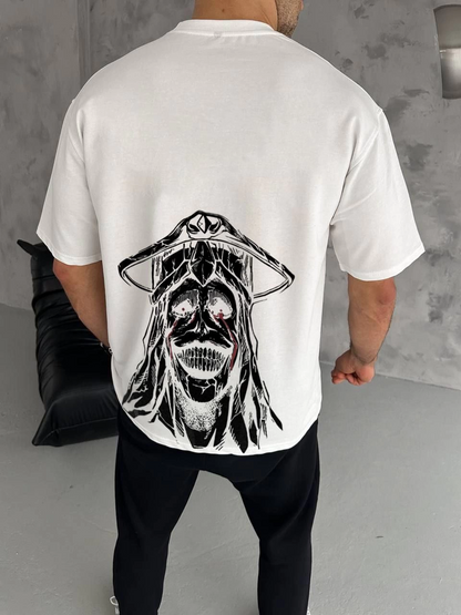 Erkek Kısa Kol Tişört Bisiklet Yaka Yıldırım Baskılı Oversize T-Shirt - Beyaz