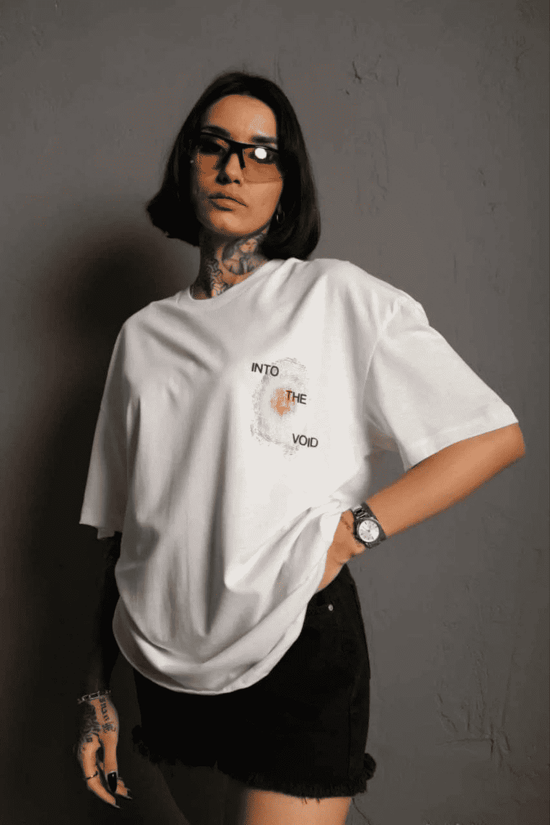 kadın Bisiklet Yaka Baskılı Oversize Kısa kol T-Shirt - Beyaz