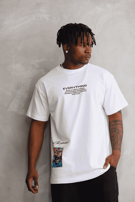 Erkek Bisiklet Yaka Baskılı Oversize T-Shirt - Beyaz