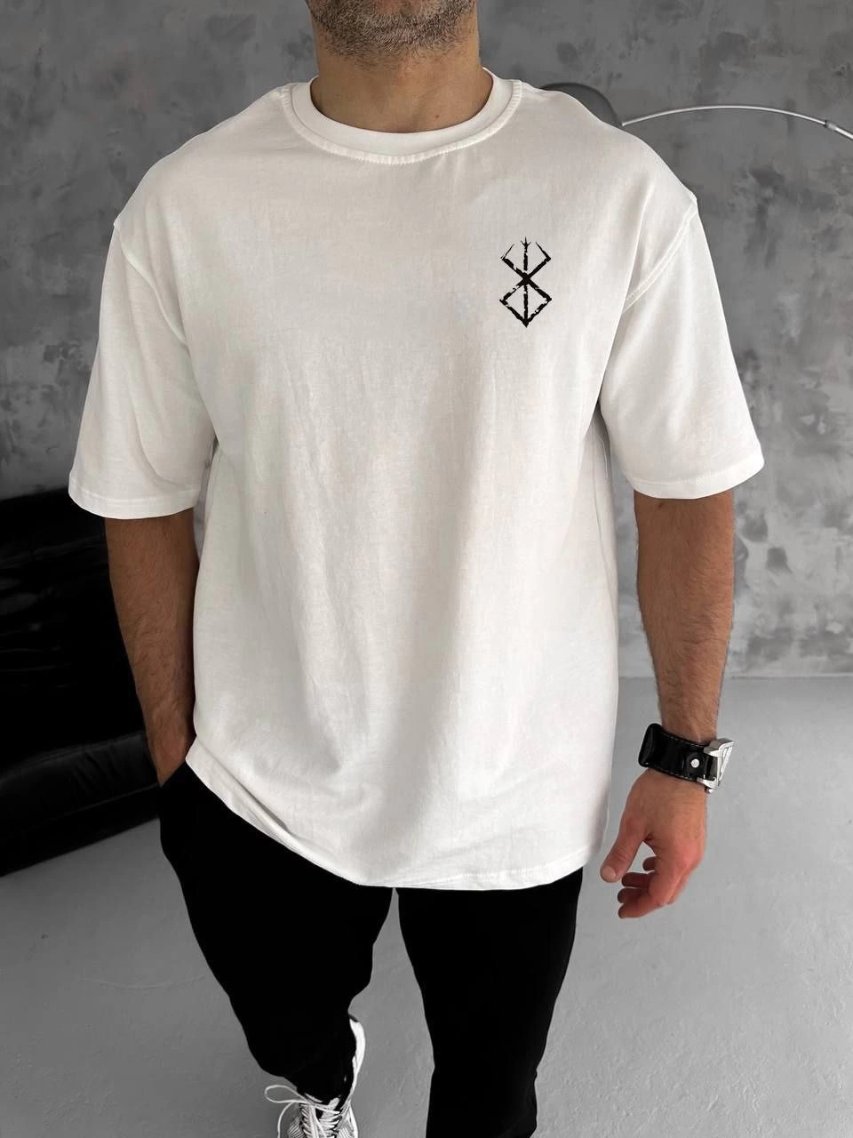 Erkek Kısa Kol Yazlık Tişört Bisiklet Yaka Baskılı Oversize T-Shirt - Beyaz